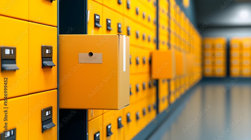 Poster Orderly arrangement of parcel boxes lined up in an efficient storage locker system prepared and waiting for pickup and distribution