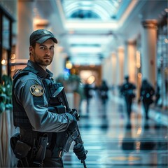 Security services at shopping mall. Security guard in black uniform.