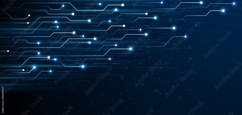 Poster blue glowing lines with glitter light effect on dark background. high speed internet technology conc