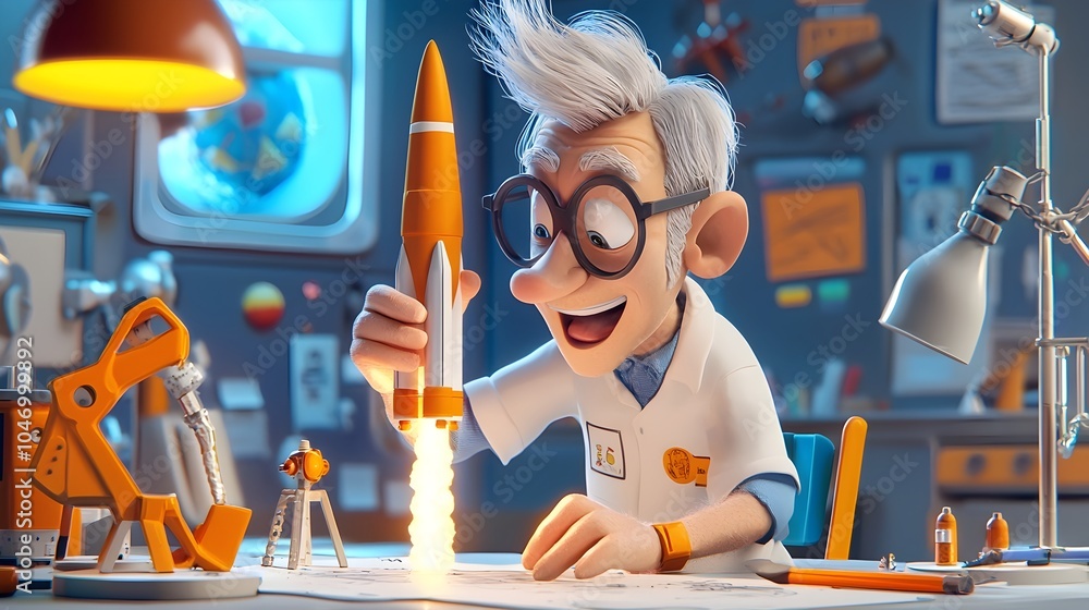 Poster 3D Aerospace Engineer Launching Miniature Clay Rocket in Futuristic Studio Setting   Conceptual Image of Innovative Space Technology and