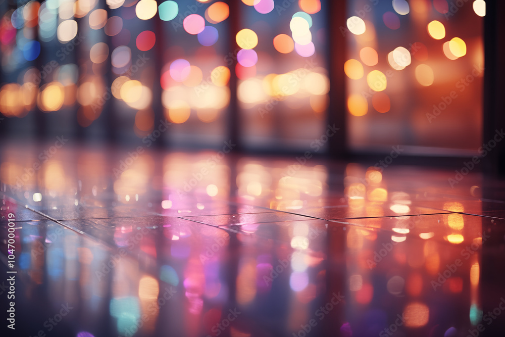 Poster Abstract Bokeh Background with Colorful Lights Reflected on Wet Floor