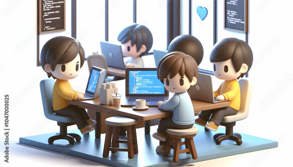 Aufkleber 3d developers reviewing code in cafe candid shot, developers in casual environment with laptops, ble
