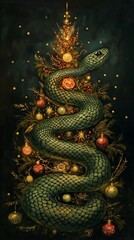 Fototapeta premium Green snake wrapped around a decorated Christmas tree 