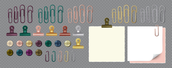 Collection of Paper clips, Banner Drawing Pins, and Paper holders, binders. Isolated Realistic Vector illustration