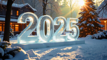 Ice sculpture of 2025 standing on snow at sunset in front of decorated house and christmas tree...