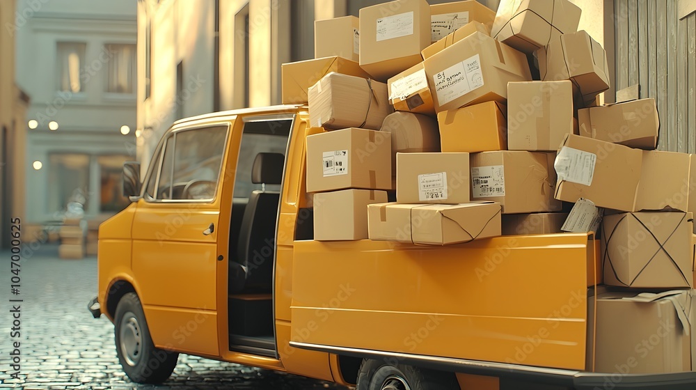 Poster a courier vehicle fully with a variety of small and large parcel boxes ready to efficiently deliver 