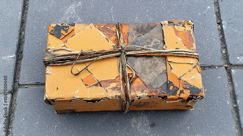 Poster a damaged cardboard parcel box with visible dents and crushed corners indicating problems during tra