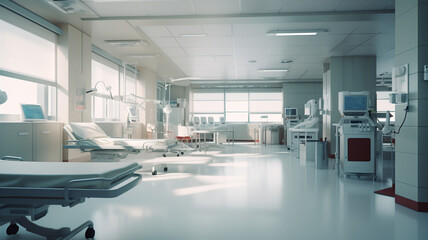 Obraz premium Hospital bed in a modern hospital room. The bed is empty and the room is clean and bright. The photo is taken from a patient's perspective. 