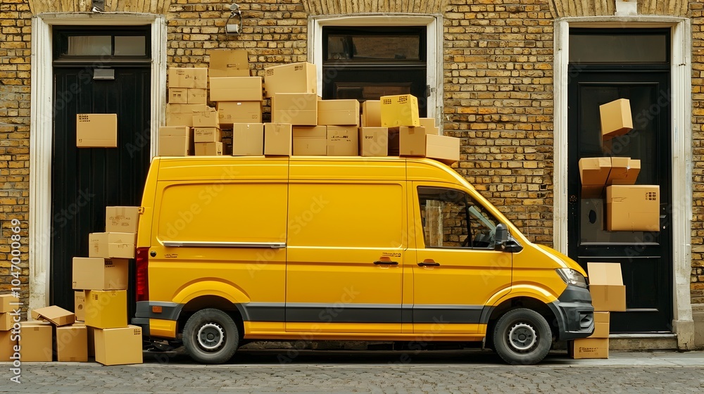 Poster a fully loaded courier vehicle packed with small and large parcel boxes ready for quick and reliable