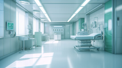 Interior of modern hospital operation room with medical equipment and monitoring screens  equipment and medical devices in modern operating room take with art lighting and blue filter
