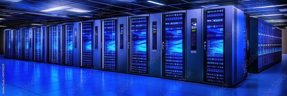 Aufkleber rows of server racks in a data center with blue lights and floor.