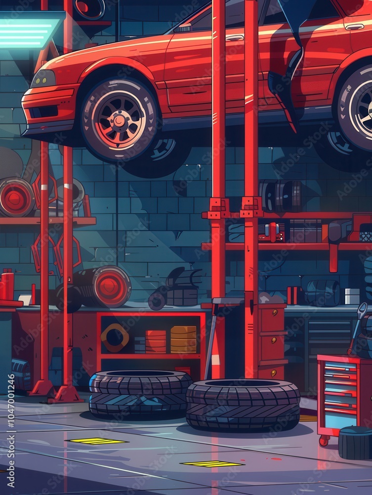 Poster A mechanic changes tires on a red sedan lifted by hydraulic jacks in a busy automotive workshop filled with tools. Generative AI