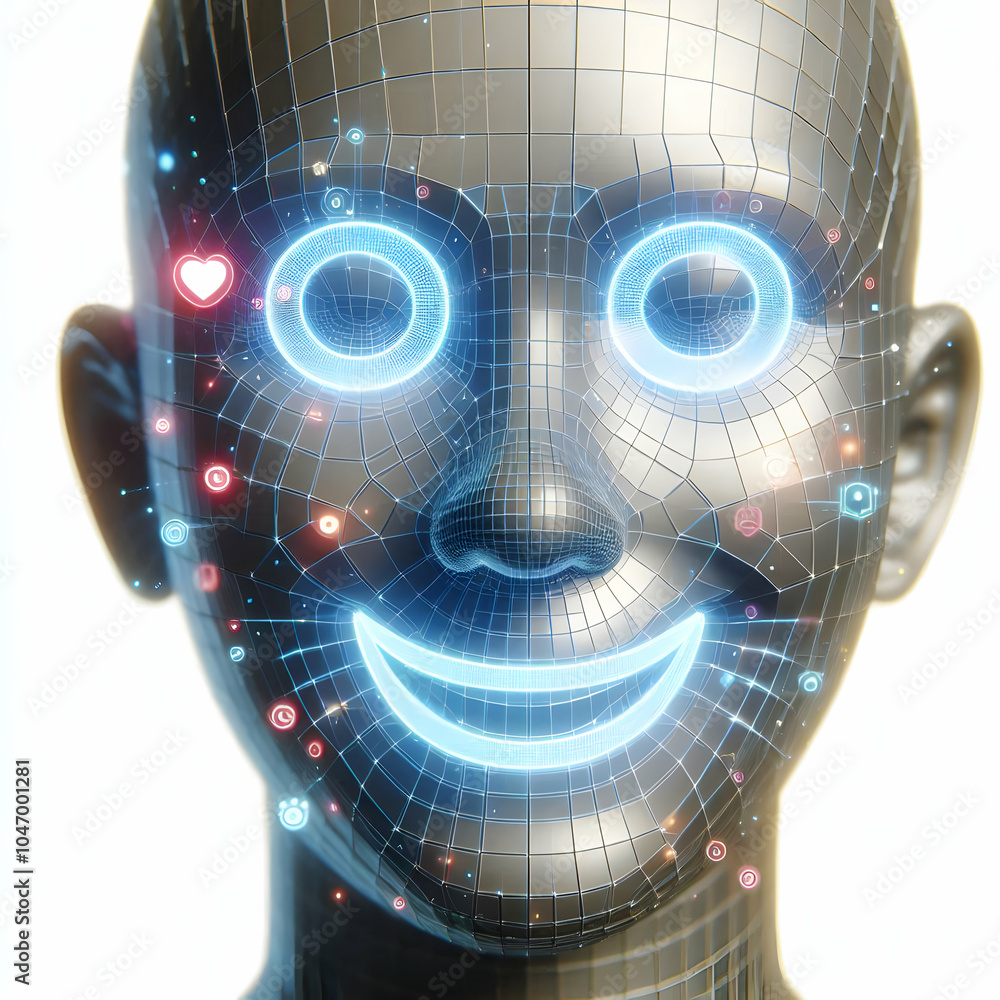 Poster 3d close up smiling face illuminated holographic displays concept macro shot joy technology working 