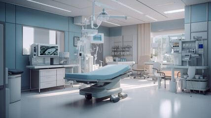 A bright modern professional clinic medical space emerge with office and medical equipment's all in one healthcare center concept background