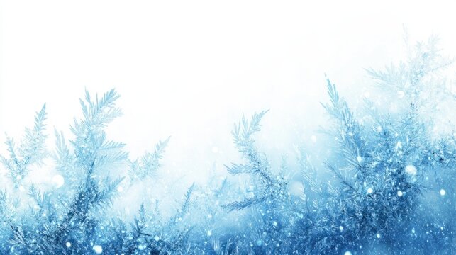 Abstract winter background with glowing ice crystals and soft blue light trails, isolated on white