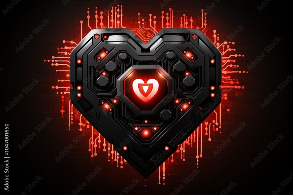 Poster futuristic heart shape with circuit patterns illuminated in red and black tones