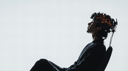 A person sitting in a chair with a brain-computer interface device on their head, demonstrating advanced technology for mental analysis
