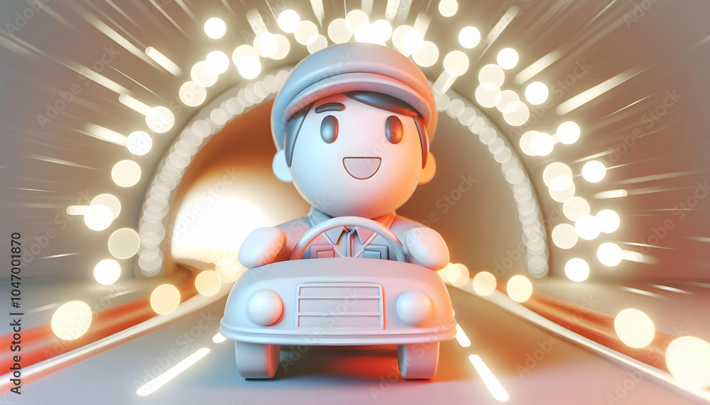 Poster 3d soft abstract driver smiling in tunnel bokeh lights concept close up shot exciting driving experi