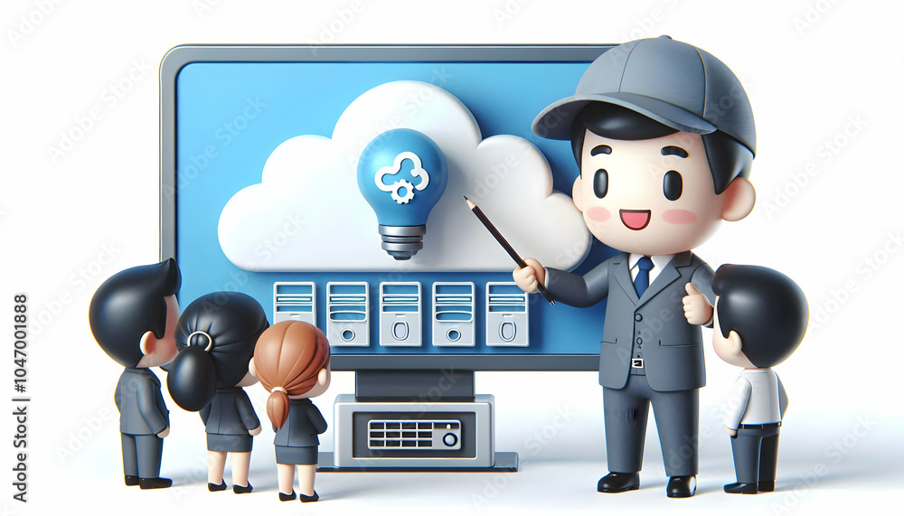 Poster 3d cloud architect presenting cloud infrastructure solution to team in corporate setting, confident 