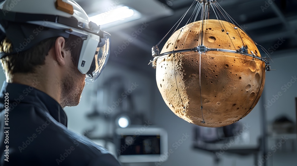 Poster Aerospace Engineer Intently Studying a Detailed 3D Planetary Model Suspended by Wires Exploring Space Concepts and Innovations for the Future of Science and Technology