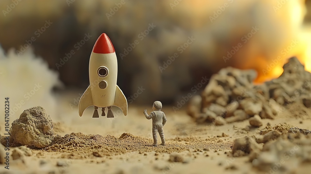 Poster aerospace engineer launching miniature clay rocket model for futuristic space and technology innovat