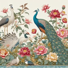Border in chinoiserie style with herons, peacock and peonies. Vector