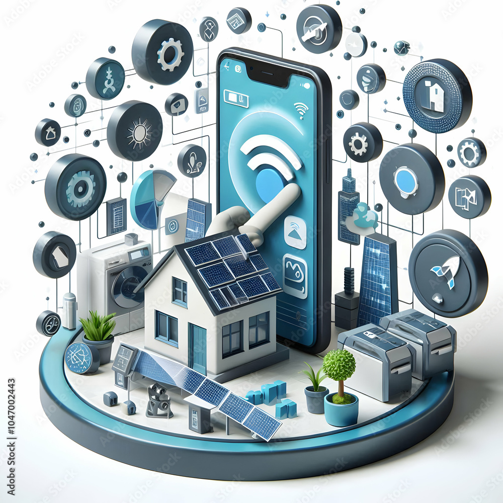 Poster 3d automated energy management concept: homeowner using smartphone to control automated energy syste