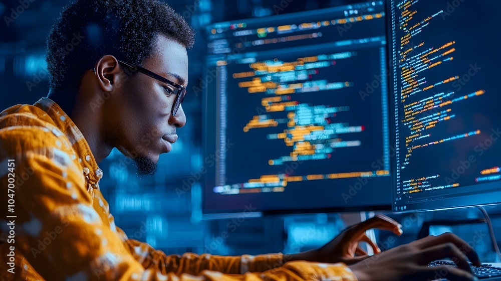 Poster African American software engineer collaborating with team during a code review meeting at the office  They are discussing programming development and analysis of a project or application
