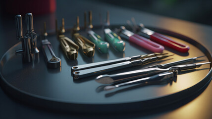 Laboratory scene featuring a collection of glassware, including test tubes, flasks, and beakers, clean and organized workspace, bright and professional, realistic textures  High-tech laboratory equipm