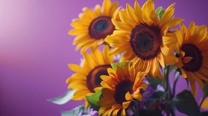 Close-up of bright yellow sunflowers against a vibrant purple background.