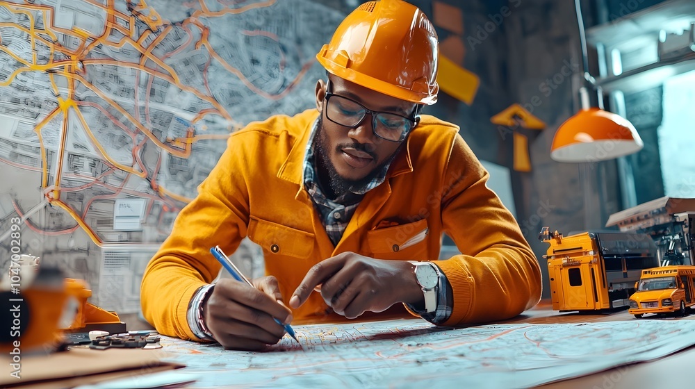 Poster african transportation engineer strategizing urban transit network on geographic map for infrastruct