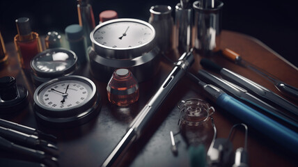 Silverware on an old background.  Metal cooking utensils on table.  Laboratory scene featuring a collection of glassware, including test tubes, flasks, and beakers, clean and organized workspace, br 

