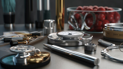 Silverware on an old background.  Metal cooking utensils on table.  Laboratory scene featuring a collection of glassware, including test tubes, flasks, and beakers, clean and organized workspace, br 
