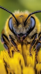 Naklejka premium Bumblebee pollinating yellow flower close-up: wildlife photography