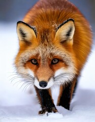 Fototapeta premium Red Fox in Winter: A close-up portrait of a red fox, its fur shimmering in the soft winter light, its eyes piercing and alert as it walks through a snowy landscape.