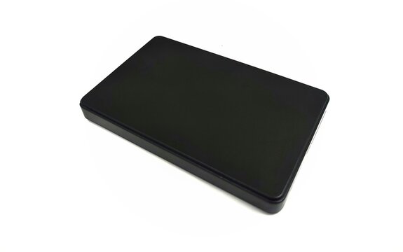 Top view of a black external hard drive, isolated on white background.