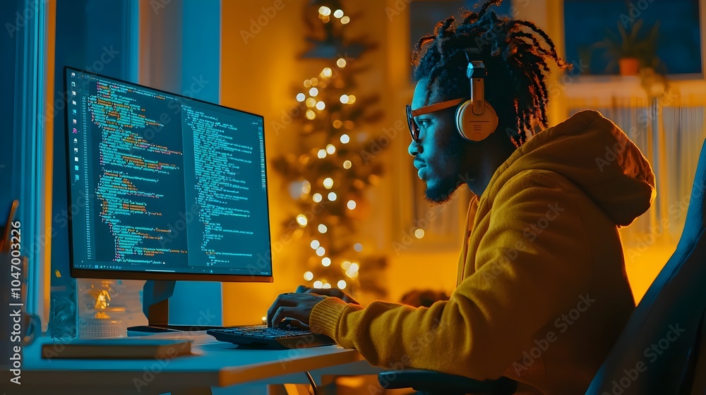 Poster An African American software engineer diligently coding on a laptop computer in a sleek contemporary office environment