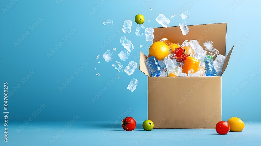 Poster an opened parcel box or package containing perishable food items such as frozen or chilled products 