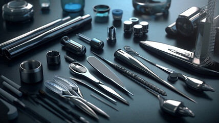 Fototapeta premium An array of medical instruments neatly arranged on a sterile tray in a hospital operating room. Medicine and syringes, medical equipment