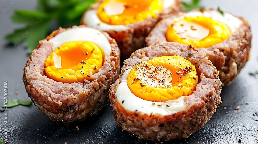 Aufkleber appetizing cross section of homemade scotch eggs featuring soft boiled yolks nestled within a savory