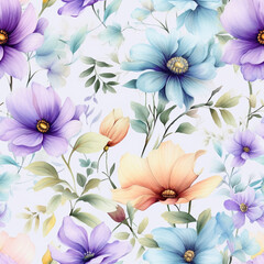 Obraz premium A blue seamless and white floral pattern with a blue flower in the center. The blue flowers are surrounded by green leaves colorful floral watercolor seamless pattern