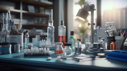 Microscope and Lab glassware in medical lab  Laboratory Equipment on a Tray  explore chemistry and pharmacy with glass test flasks in a lab setting.


