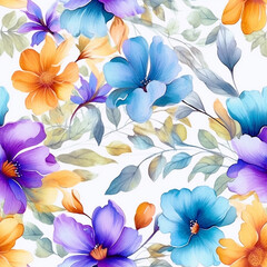 A blue  seamless and white floral pattern with a blue flower in the center. The blue flowers are surrounded by green leaves  colorful floral watercolor seamless pattern

