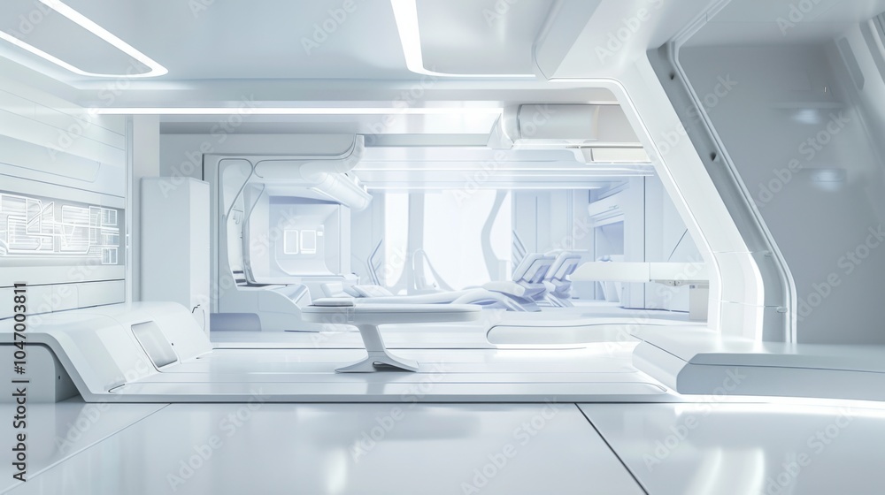 Poster a futuristic minimalist laboratory with a white canvas backdrop, cutting-edge furniture arrangement 