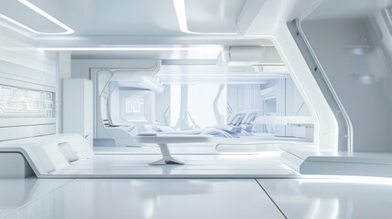 A futuristic minimalist laboratory with a white canvas backdrop, Cutting-edge furniture arrangement in a high-tech research facility, Sci-fi minimalism style