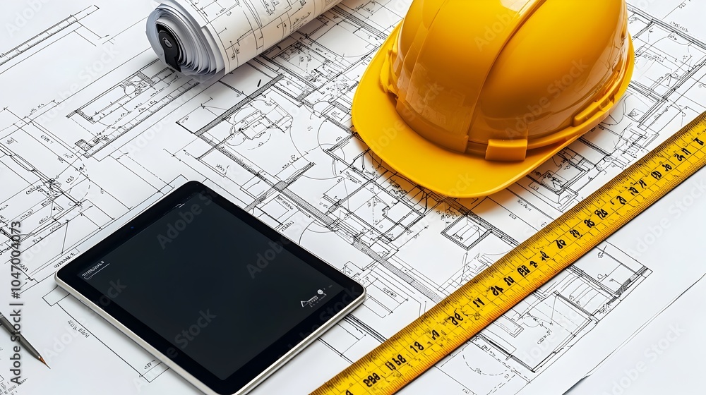 Poster architectural plans laid out alongside a tablet and laser measuring device showcasing the use of tec