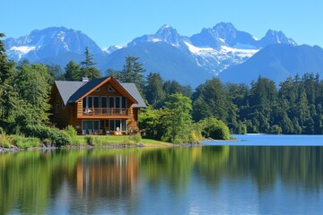 Fototapeta premium A peaceful cabin on the edge of a mountain lake, reflecting in the clear water under a bright sunny day, with towering snow-capped peaks in the background.