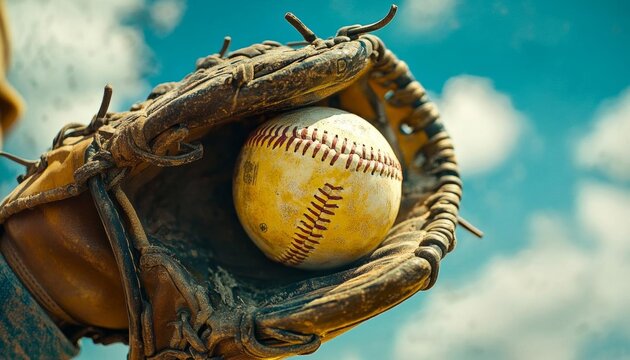 a softball coming out of a baseball glove, in the style of maidcore, yellow and bronze, green and bronze, 32k uhd, firecore, skillful, navy and brown