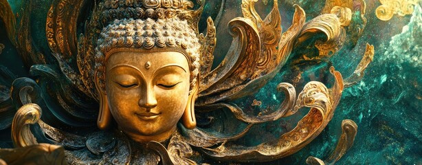 Fototapeta premium A serene depiction of the Buddha holding lotus flowers, with intricate patterns and soft lighting creating an atmosphere of tranquility and spiritual harmony. 