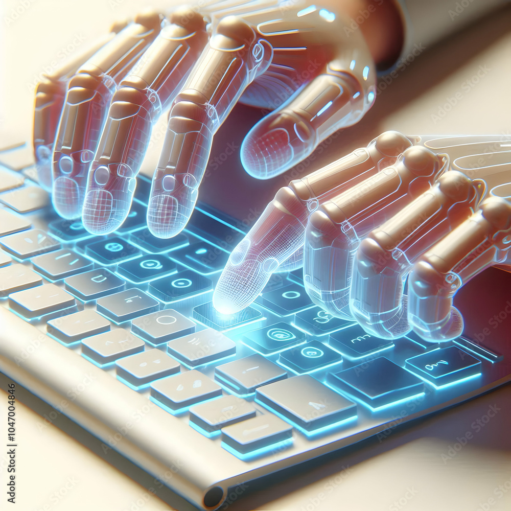 Poster 3d macro shot fingers typing holographic keyboard futuristic technology close up image soft glow enh